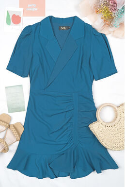 Fine Notch Collar Pleated Side Split Frill Hem Dress (Teal Blue)